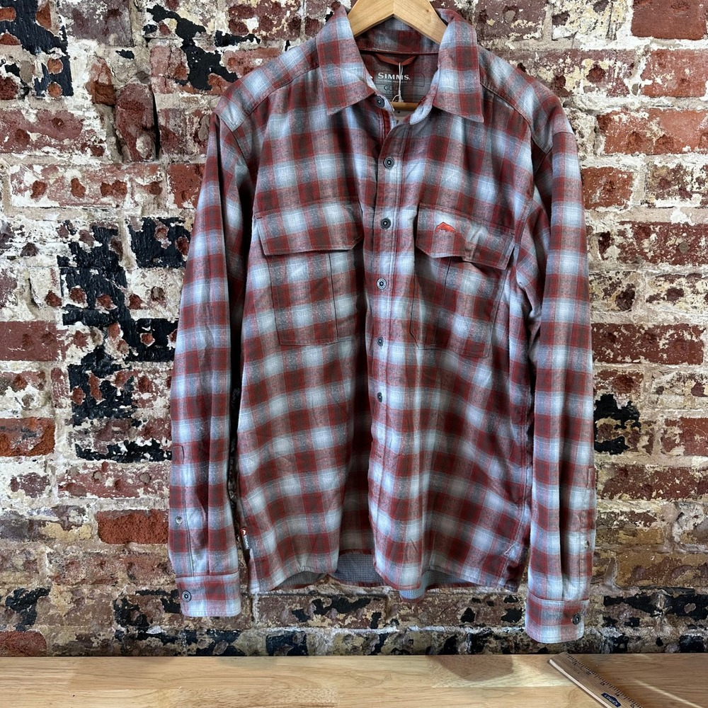 Simms Jacket Mens Large Red Plaid Flannel Lined Snap Front Outdoor Shacket